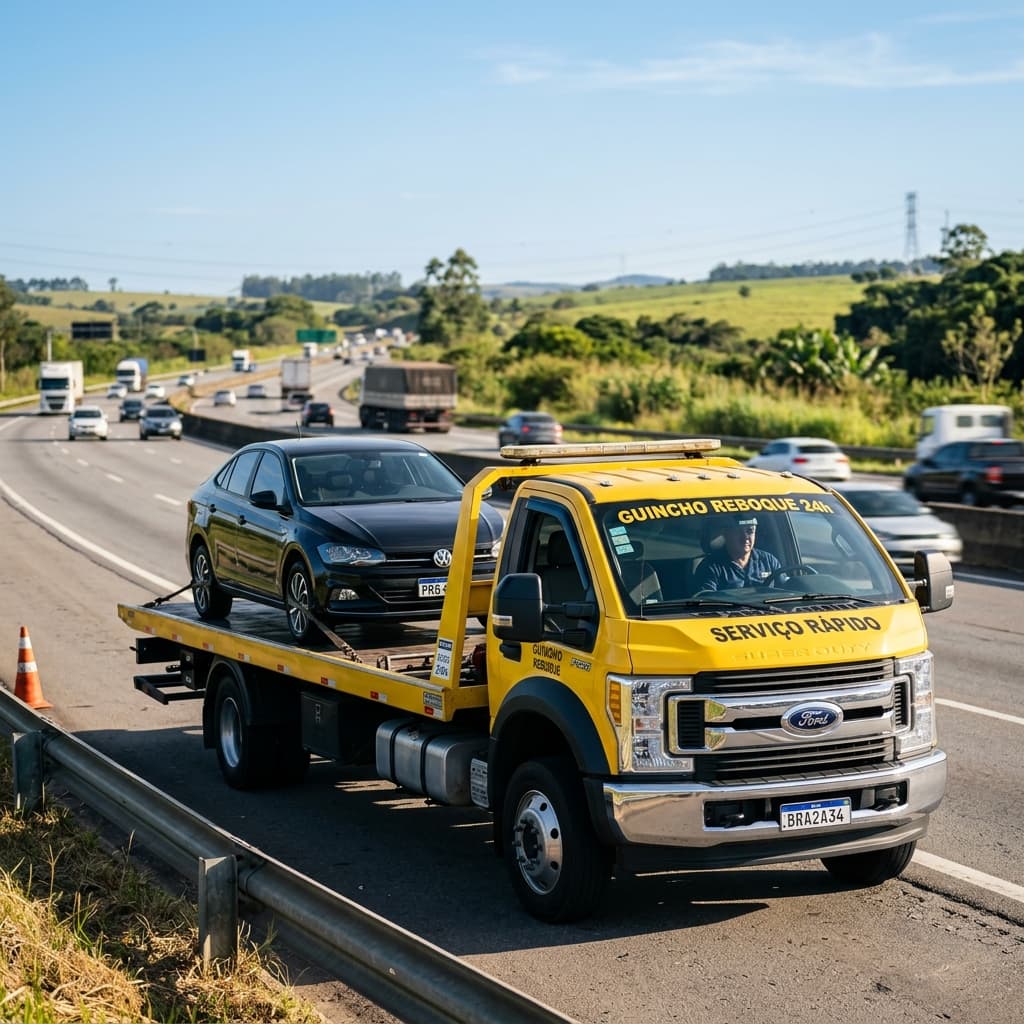 Caminhão guincho prancha amarelo transportando carro em rodovia - R A Negócios