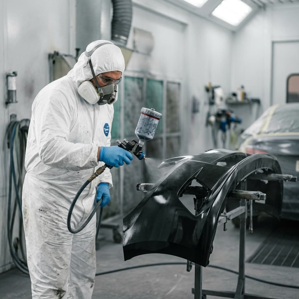 Profissional com roupa de proteção pintando parachoque de carro com pistola - R A Negócios